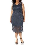 Marina Women's Plus Size Corded Lace Cap Sleeve Cocktail V Neck Scallop Hem Dress, Gunmetal, 20 More