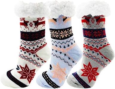 Fluffy Thermal Sherpa Slipper Socks, 3 Pairs for Women, Ultra Soft Christmas Winter Non Skid, Fair Isle D, 9-11