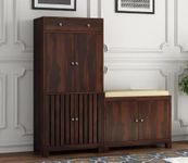 DR FURNITURE Sheesham Wood Shoe Cabinet with Seating | Wooden Shoe Rack for Home | Shoe Rack with Door | Storage Cabinet for Living Room | Walnut Finish | 51x14x52 Inches