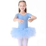 Beioner Girls' Ballet Tutu Dress Cotton Dance Leotard with Skirt Short Sleeve Ballerina Outfit Blue 130