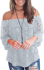 MIHOLL Women's Lace Off Shoulder Tops Casual Loose Blouse Shirts (Gray, Large)