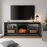 WAMPAT Fireplace TV Stand for 75 Inches TV,Entertainment Center with 4 Storage Shelf,Wood TV Console Table with Electric Fireplace,Television Stands for Living Room Bedroom, Black,70 Inch