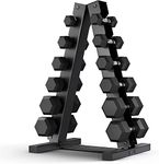 MAGMA 5-30 LB 210-Pound Rubber Hex Dumbbell Set with Premium A-Frame Storage Rack