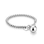 Women 925 Sterling Silver Bracelet Minimalist 4-10MM 5-9 inches Round Bead Chain Girls/Men Solid Silver Bracelet Charm Jewelry Gift (4MM bell pendant, 5)