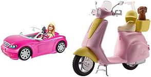 Barbie Drive into Imagination Doll and her Glam Convertible Car! & Mo-Ped with Puppy, Motorbike for Doll, Pink Scooter, Vehicle, Ages 3 Years+, FRP56