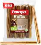 Powerpet 100% Natural Steer Stick - High Protein Bully Stick, Low Fat, Healthy Dog Treats, Long-Lasting Dog Chews, Easily Digestible, Cleans Teeth, Low Odor, for All Breeds & Sizes, 6" - 25 Count