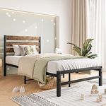 Crocofair Twin Bed Frame with Wood Headboard/Platform Bed Frames Twin Size/Mattress Foundation/Heavy Duty Strong Metal Slats Support/No Box Spring Needed/Easy Assembly/Noise-Free/Rustic Brown