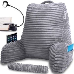 Homie Reading Bed Rest Pillow with Reading Light and Wrist Support, Has Arm Rests, and Back Support for Lounging, Reading, Working On Laptop, Watching Tv (Gray) Medium Gray