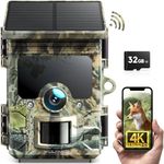 WOLFANG Solar Wildlife Camera 4K 46MP, WiFi Bluetooth Trail Camera with Night Vision Motion Activated 0.1s Trigger Time IP66 Waterproof Game Camera for Wildlife Monitoring with U3 32GB Micro SD Card