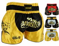 EVO Fitness Muay Thai Shorts MMA Martial Arts Grappling Kick Boxing UFC Cage Fighting Gym Training Men Women Clothing Gear (Small, Black/Golden)