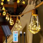 Ollny Solar Lights Outdoor Garden 6m Hemp Rope Festoon Light with Remote, USB Fairy String with 16 S17 Shatterproof Bulbs 160 LEDs 8 Modes, Waterproof Lighting for Outside Gazebo Patio Party Decor