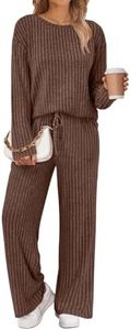 LILLUSORY Womens Lounge Sets 2 Piece Matching Pajamas Fall Fashion 2026 Ribbed Knit Outfits Long Sleeve Casual Sweatsuits Trendy Plus Size Sweaters Cute Sleep Wears Travel Soft Clothes CoffeeBrown XL