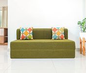 uberlyfe Basics 3 Seater Sofa Cum Bed | Jute Fabric Washable Cover | 2 Cushions Jharokha Pattern | Olive Green | 5' X 6' Feet
