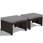 HAPPYGRILL 2 Piece Outdoor Wicker Ottomans, Patio Rattan Footstool with Cushions, Solid Steel Frame, Multifunctional Ottomans for Poolside Backyard Balcony