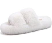 COFACE Womens House Slippers Woman Fuzzy Fluff Indoor Slipper Ladies Furry Fur Bedroom Slip On Slipers Women’s Orthopedic Arch Support Home Shoes Winter Open Toe Plush Shearling Slide White Size 8