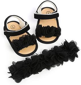 Ohwawadi Baby Girl Black Sandals Floral Princess Mary Jane Wedding Party Dress Shoes with Floral Headband Soft Summer Infant Newborn Crib Shoes