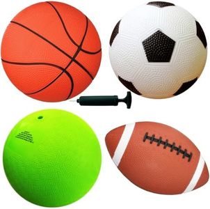 AppleRound Pack of 4 Sports Balls with 1 Pump: 1 Each of 5" Soccer Ball, 5" Basketball, 5" Playground Ball, and 6.5" Football (4 Balls and 1 Pump)