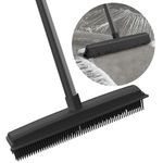 2 in 1 Rubber Broom with Squeegee Edge, Carpet Brush with Adjustable Long Handle Outdoor Soft Push Broom for Pet Cat Dog Hair Removal Carpet Kitchen Garden Yard Window Cleaning (Black Fur Removal)