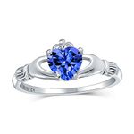 Personalize BFF Sorority Sister Solitaire Blue Simulated Sapphire CZ Celtic Irish Friendship Promise Crown Heart Claddagh Ring For Women Teen .925 Sterling Silver Customizable