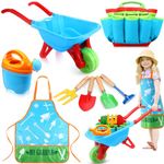 Lenwen 8 Pcs Gardening Tool Set for Girls Boys Including Wheelbarrow Watering Can Shovel Rake Fork Trowel Gardening Apron with Pockets Tote Bag, Outdoor Garden Toy Play Set Gift Activities