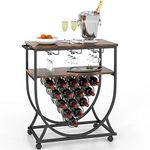 COSTWAY Kitchen Serving Trolley on Wheels, Industrial Rolling Bar Cart with Wine Rack, Glass Holders and Utility Wood Tabletop, Drinks Storage Island for Restaurant Dining Room