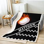 Loussiesd Sports Baseball Sherpa Blanket 3D Baseball Toddler Fleece Throw Blanket for Kids Boys Flame Baseball Games Fuzzy Blanket for Sofa Bed White Black,Queen 90x90 Inch