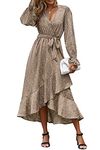 BTFBM Women Long Sleeve Wrap Dress V Neck Boho Floral High Waist Flowy Ruffle 2023 Spring Summer Maxi Dresses with Belt(Floral Brown, X-Large)