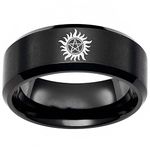 XAHH 8mm Men's Supernatural Ring Dean Anti-Possession Symbol Black Titanium Steel Flat Band Size 6-13, Metal, No Gemstone