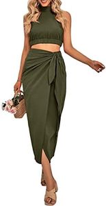 CFLONGE Women's 2 Piece Outfits Casual Sleeveless Halter Crop Top and Draped Ruched Maxi Skirt Set Solid Suiting for Cocktail Party(Army Green,XX-Large)