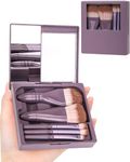 PGRODE Travel Size Makeup Brushes Mini Set with Hard Case and Built-in Mirror, 5Pcs Small Cosmetic Brushes, On the Go Brush Travel Essentials kits for Women, Girls Gift (Dark Purple)