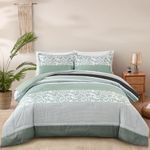 Patchwork Comforter Set Queen Size Sage Green Comforter Stripe Reversible Comforter 3 Pieces Bedding Set (1 Comforter + 2 Pillow Cases) Soft Microfiber Down Alternative Comforter Set(Queen, 90”×90”)