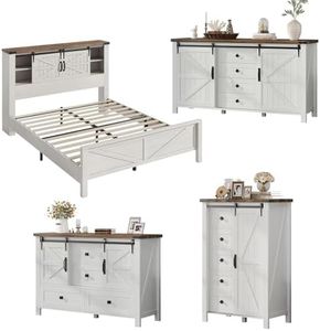 AMERLIFE 4-Piece Farmhouse Bedroom Set in Distressed White, Queen Size Bed Frame with Bookcase Headboard, 5-Drawer Tall Dresser, 47'' Dresser with 4 Drawers, 60" Dresser with 4 Drawers