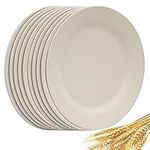 Set of 10 Large Dinner Plates 11 Inch, Reusable Wheat Straw Dessert Dishes, Round Pasta Salad Serving Plate, Unbreakable Kids Fiber Tableware for Party Steak Pizza (Beige)