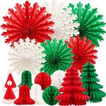 Christmas Decorations 16pcs Paper Fans Snowflake Honeycomb Trees Bell Hat Tissue Paper Pom Poms for Xmas Christmas New Year Winter Festival Home Party Decoration Wall Ceiling Hanging Decor Supplies