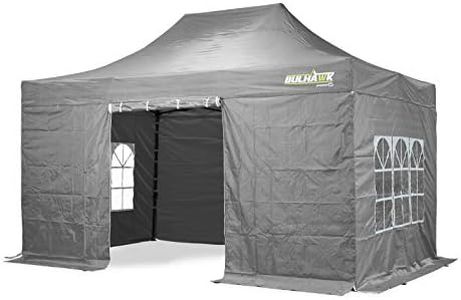 BULHAWK® 3M x 4.5M PREMIUM 32 COMMERCIAL GRADE, WATERPROOF, HEAVY DUTY POP UP GAZEBO MARKET STALL MARQUEE, INCLUDES 4 X 100% WATERPROOF SIDEWALLS AND CARRY BAG (Grey)
