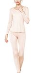 METWAY Women's Silk Long Johns V-neck Pure Silk Silk Long Underwear Thermal Underwear Sets for Winter Base Layer, Fleshcolor, Small