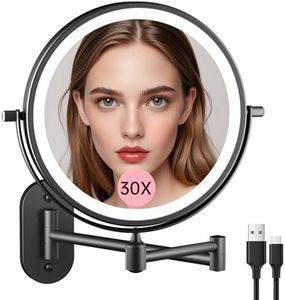 FUNTOUCH Rechargeable Wall Mounted Lighted Makeup Vanity Mirror 8 Inch Double Sided 1X 10X Magnifying Bathroom Mirror, 3 Color Lighting, Touch Dimming, Extended Arm 360 Rotation Light up Mirror Black