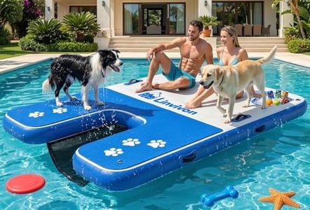 8x6ft Extra Large Inflatable Dog Dock & Boat Ramp for Multiple Large Dogs, 800 LBS Load Capacity, with Anti-Slip EVA Foam & Built-in Ice Bucket Compartment, Dog Water Ramp for Pool Boat Beach Blue