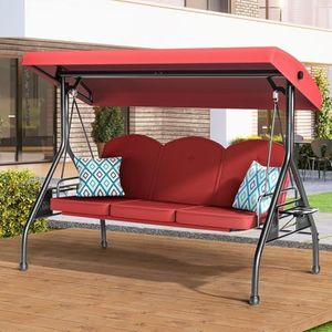 ZZW 3 Seat Outdoor Porch Patio Swing with Stand 800lbs 2-in-1 Convertible Swing Bed with Adjustable Canopy & Removable Cushion for Yard Garden Deck (Wine Red, Round Tube)