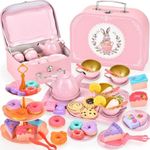Lajeje Tea Party Set for Girls – Princess Toddler Birthday Gift, Bunny Tea Time Toys with Teapot, Desserts, Cups, Plates & Carrying Case, Pretend Kitchen Playset for Kids Ages 3-8