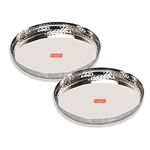 Sumeet Stainless Steel Handcrafted Hammered Texture Heavy Gauge Mirror Finish Royal Dinner Plate set of 2 Pieces, 29.5cm Dia