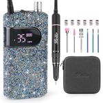 Belle Electric Nail Drill Kit, 35000RPM Professional Cordless Nail Drill Machine with Coreless Motor for Acrylic Gel Nails, Portable Rechargeable Manicure/Pedicure/Polishing Tool, Blue Crystal