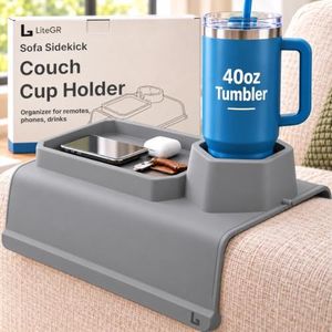 LiteGR Sofa Sidekick Silicone Couch Cup Holder & Armrest Tray, Stone Grey