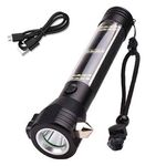 Tip&Top creation Aluminium 7 Mode Rechargeable Flashlight Solar LED Torch Light Ultra Bright High Power Long Distance Emergency Lights with Multipurpose Safty Tools Magnet, Compass, Hammer (USB Cable | Black)