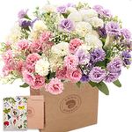 SNAIL GARDEN Artificial Carnations Flowers,60 Heads 3 Bundles Silk Realistic Mini Chrysanthemum Bouquet,with Greeting Card & Brown Paper Bag for Home Office Table Decoration Gift(White/Pink/Purple)