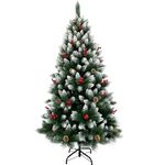 YOLOK 5FT Artificial Christmas Tree 550 Branches Snow Flocked Xmas Tree with Red Berries Metal Base Premium Christmas Tree for Holiday Décor