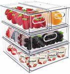 Mano Fridge Drawer Pull Out Stackable Bins with Handle Clear Refrigerator Drawers Organizer Food Storage Container Box with Dividers Plastic Produce Saver for Pantry, Cabinet, Kitchen, Clothes（4Pack）