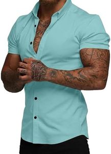 JMIERR Men's Muscle Fit Dress Shirts Casual Button Up Short-Sleeve Regular Fit Wrinkle-Free Shirt for Man,3XL,Green