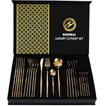 BonZeaL Gift Hamper 24 Pcs Mirror Finish Gold Stainless Steel Flatware Cutlery Set for 6 Person with Gift Box Cutlery Set for Hotel Cafe Bar Restaurant Gift for Engagement Gift for Wedding