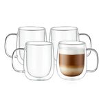 CNGLASS Large Double Wall Glass Coffee Mug 15.2oz(450ml),Clear Insulated Glass Espresso Cup with Big Handle,Clear Glass Espresso Mugs for Latte,Cappuccino,Tea Bag,Hot and Cold Beverages,Set of 4